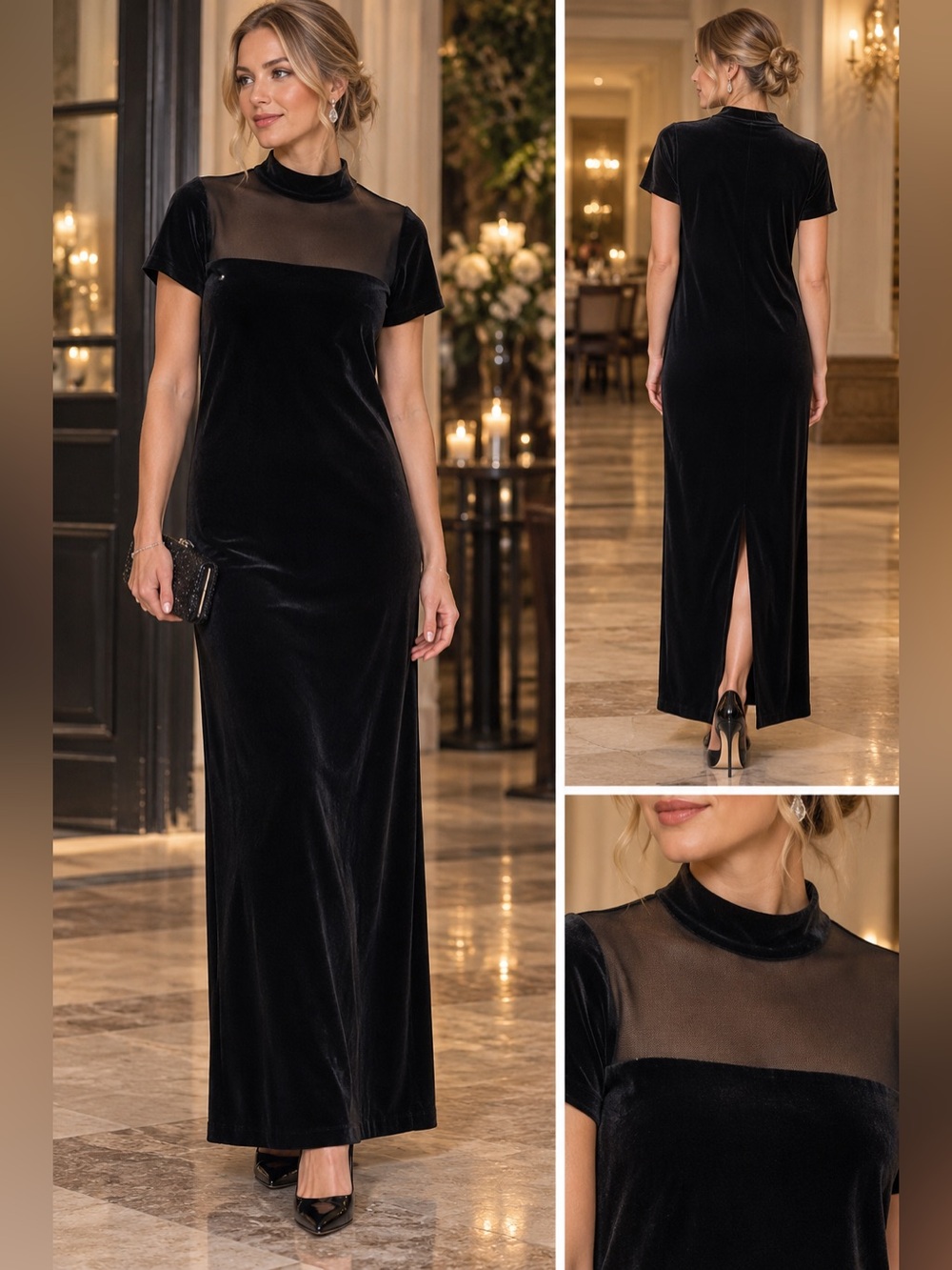 Studio Jazz Black Velvet Maxi Dress with Sheer Yoke